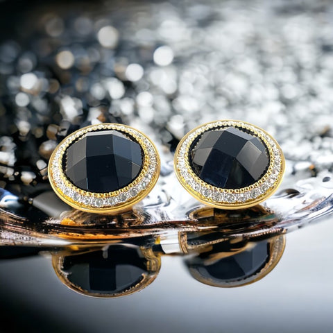 Vintage Landau Faceted Black Cabochon & Clear Rhinestones Gold Tone Clip-on Earrings