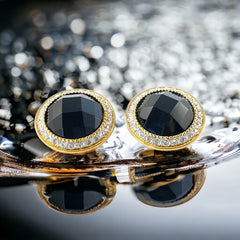 Vintage Landau Faceted Black Cabochon & Clear Rhinestones Gold Tone Clip-on Earrings