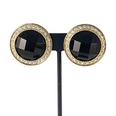 Vintage Landau Faceted Black Cabochon & Clear Rhinestones Gold Tone Clip-on Earrings