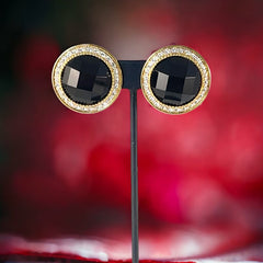 Vintage Landau Faceted Black Cabochon & Clear Rhinestones Gold Tone Clip-on Earrings