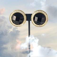 Vintage Landau Faceted Black Cabochon & Clear Rhinestones Gold Tone Clip-on Earrings