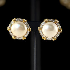 Vintage Landau Faux Mabe Pearl Pave Rhinestones Heart Gold Tone Clip-on Earrings