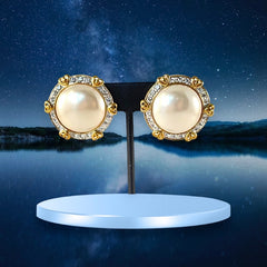Vintage Landau Faux Mabe Pearl Pave Rhinestones Heart Gold Tone Clip-on Earrings