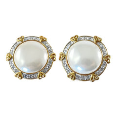 Vintage Landau Faux Mabe Pearl Pave Rhinestones Heart Gold Tone Clip-on Earrings