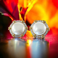 Vintage Landau Faux Mabe Pearl Pave Rhinestones Heart Gold Tone Clip-on Earrings