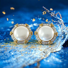 Vintage Landau Faux Mabe Pearl Pave Rhinestones Heart Gold Tone Clip-on Earrings