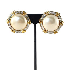 Vintage Landau Faux Mabe Pearl Pave Rhinestones Heart Gold Tone Clip-on Earrings