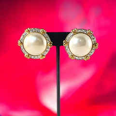 Vintage Landau Faux Mabe Pearl Pave Rhinestones Heart Gold Tone Clip-on Earrings