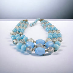 Vintage Light Blue Moonglow & Clear Faceted Plastic 3-Strand Necklace | Pastel Blue Summer Colors Beaded Necklace | Jewelry Lover Gift