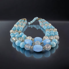 Vintage Light Blue Moonglow & Clear Faceted Plastic 3-Strand Necklace | Pastel Blue Summer Colors Beaded Necklace | Jewelry Lover Gift