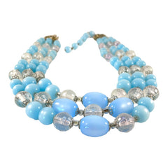 Vintage Light Blue Moonglow & Clear Faceted Plastic 3-Strand Necklace | Pastel Blue Summer Colors Beaded Necklace | Jewelry Lover Gift