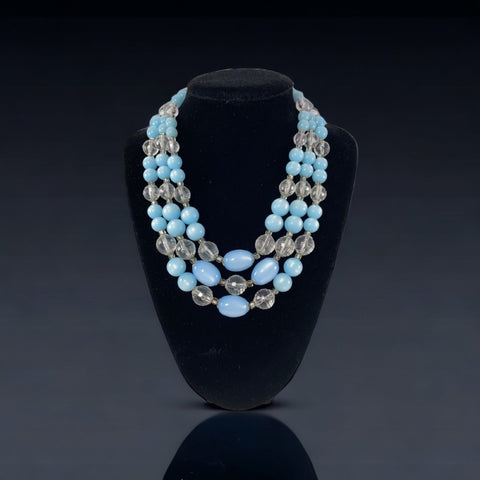 Vintage Light Blue Moonglow & Clear Faceted Plastic 3-Strand Necklace | Pastel Blue Summer Colors Beaded Necklace | Jewelry Lover Gift