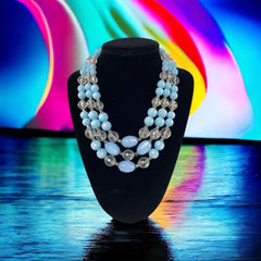 Vintage Light Blue Moonglow & Clear Faceted Plastic 3-Strand Necklace | Pastel Blue Summer Colors Beaded Necklace | Jewelry Lover Gift