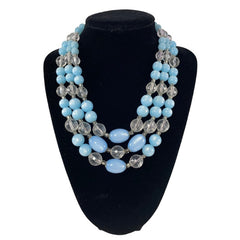 Vintage Light Blue Moonglow & Clear Faceted Plastic 3-Strand Necklace | Pastel Blue Summer Colors Beaded Necklace | Jewelry Lover Gift