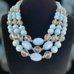 Vintage Light Blue Moonglow & Clear Faceted Plastic 3-Strand Necklace | Pastel Blue Summer Colors Beaded Necklace | Jewelry Lover Gift