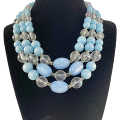 Vintage Light Blue Moonglow & Clear Faceted Plastic 3-Strand Necklace | Pastel Blue Summer Colors Beaded Necklace | Jewelry Lover Gift