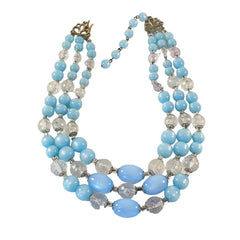 Vintage Light Blue Moonglow & Clear Faceted Plastic 3-Strand Necklace | Pastel Blue Summer Colors Beaded Necklace | Jewelry Lover Gift