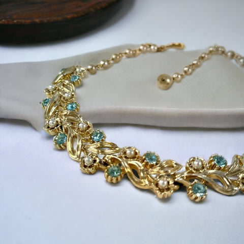 Vintage Signed Lisner Light Blue Rhinestones & Faux Pearls Floral Necklace - Late 1950s / Early 1960s Elegance
