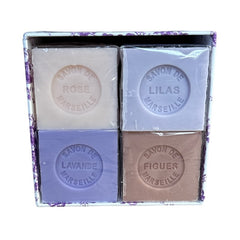 Purple Toile de Jouy gift box featuring intricate patterns, containing four artisanal Marseille cube soaps in Lilac, Lavender, Fig, and Rose fragrances.
