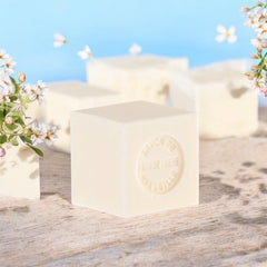 Mini Marseille soap with bitter almond scent, crafted in France using traditional craftsmanship, 3.5 oz natural and biodegradable soap bar for sensitive skin.