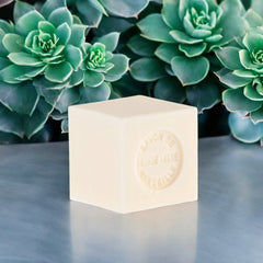 Mini Marseille soap with bitter almond scent, crafted in France using traditional craftsmanship, 3.5 oz natural and biodegradable soap bar for sensitive skin.