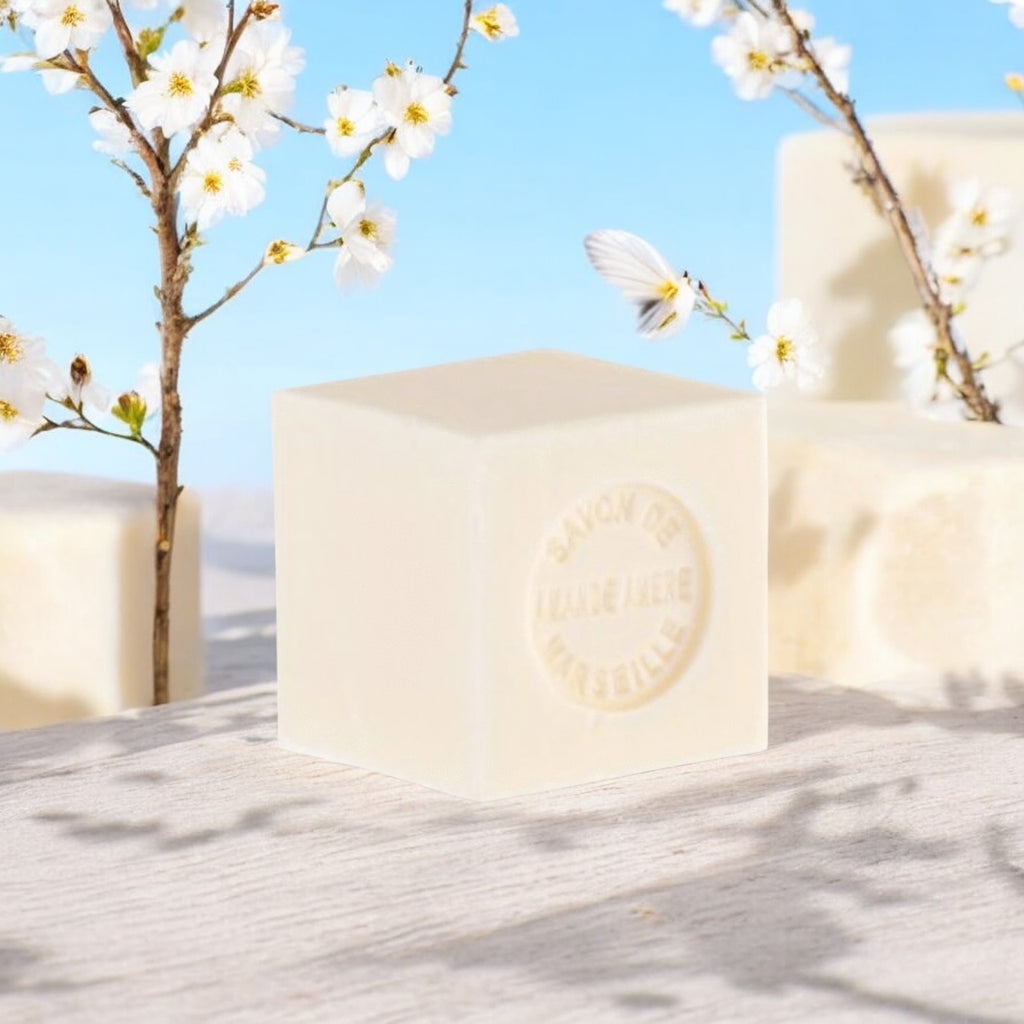 Mini Marseille soap with bitter almond scent, crafted in France using traditional craftsmanship, 3.5 oz natural and biodegradable soap bar for sensitive skin.