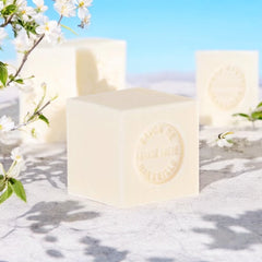 Mini Marseille soap with bitter almond scent, crafted in France using traditional craftsmanship, 3.5 oz natural and biodegradable soap bar for sensitive skin.