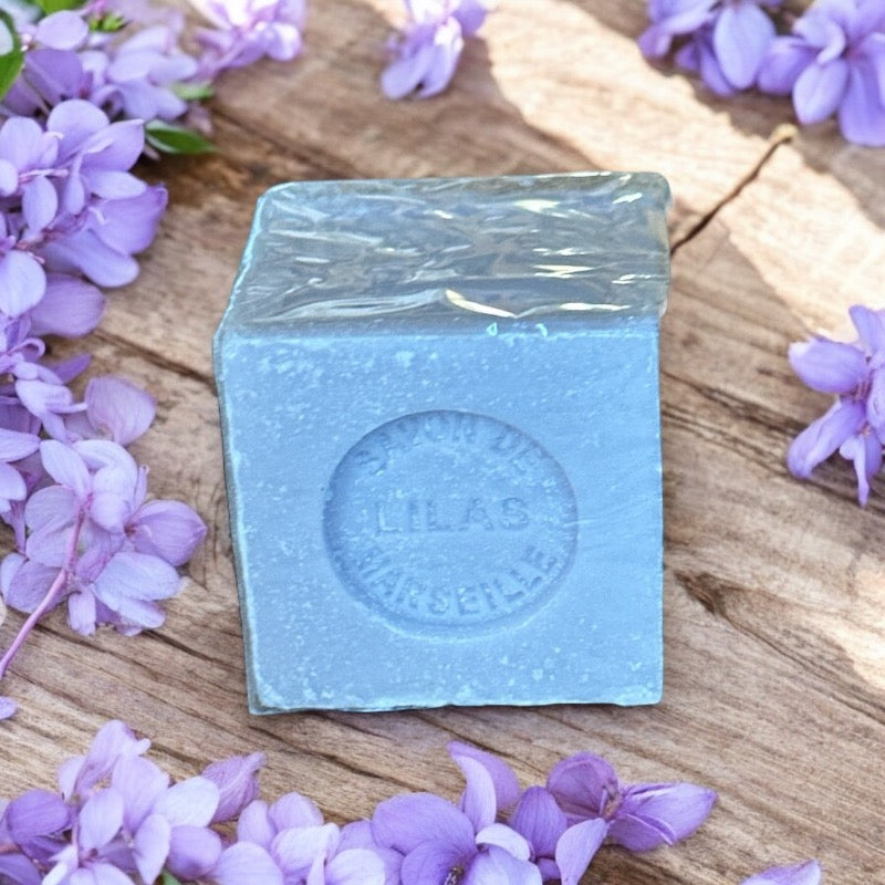 Mini Marseille soap with lilac scent, handcrafted in France using traditional craftsmanship, 3.5 oz biodegradable soap bar for sensitive skin care