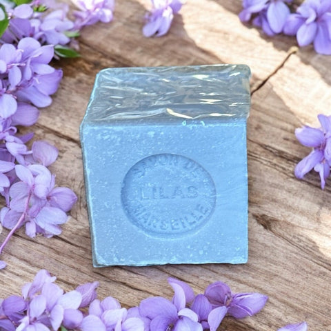 Mini Marseille soap with lilac scent, handcrafted in France using traditional craftsmanship, 3.5 oz biodegradable soap bar for sensitive skin care