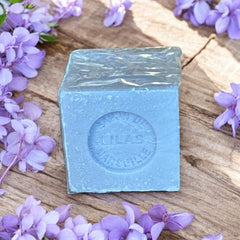 Mini Marseille soap with lilac scent, handcrafted in France using traditional craftsmanship, 3.5 oz biodegradable soap bar for sensitive skin care