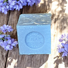 Mini Marseille soap with lilac scent, handcrafted in France using traditional craftsmanship, 3.5 oz biodegradable soap bar for sensitive skin care
