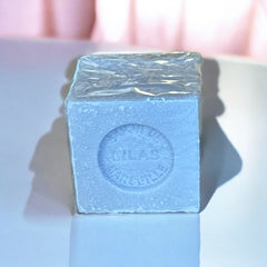 Mini Marseille soap with lilac scent, handcrafted in France using traditional craftsmanship, 3.5 oz biodegradable soap bar for sensitive skin care