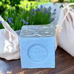 Mini Marseille soap with lilac scent, handcrafted in France using traditional craftsmanship, 3.5 oz biodegradable soap bar for sensitive skin care