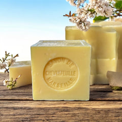 Mini Marseille soap with honeysuckle scent, crafted in France using traditional craftsmanship, 3.5 oz natural and biodegradable soap bar for sensitive skin.