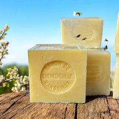 Mini Marseille soap with honeysuckle scent, crafted in France using traditional craftsmanship, 3.5 oz natural and biodegradable soap bar for sensitive skin.