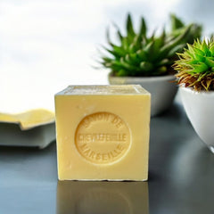 Mini Marseille soap with honeysuckle scent, crafted in France using traditional craftsmanship, 3.5 oz natural and biodegradable soap bar for sensitive skin.