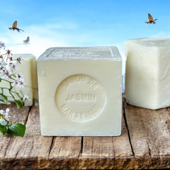 Mini Marseille soap with jasmine scent, crafted in France using traditional craftsmanship, 3.5 oz natural and biodegradable soap bar for sensitive skin.