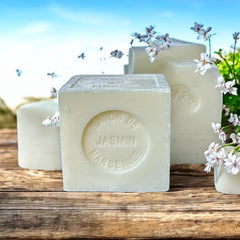 Mini Marseille soap with jasmine scent, crafted in France using traditional craftsmanship, 3.5 oz natural and biodegradable soap bar for sensitive skin.