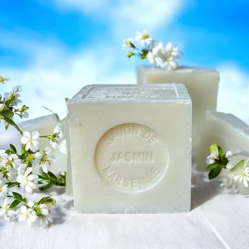 Mini Marseille soap with jasmine scent, crafted in France using traditional craftsmanship, 3.5 oz natural and biodegradable soap bar for sensitive skin.