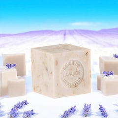 Mini Marseille soap with lavender flowers for natural exfoliation, crafted in France using traditional craftsmanship, 3.5 oz natural and biodegradable soap bar for sensitive skin.