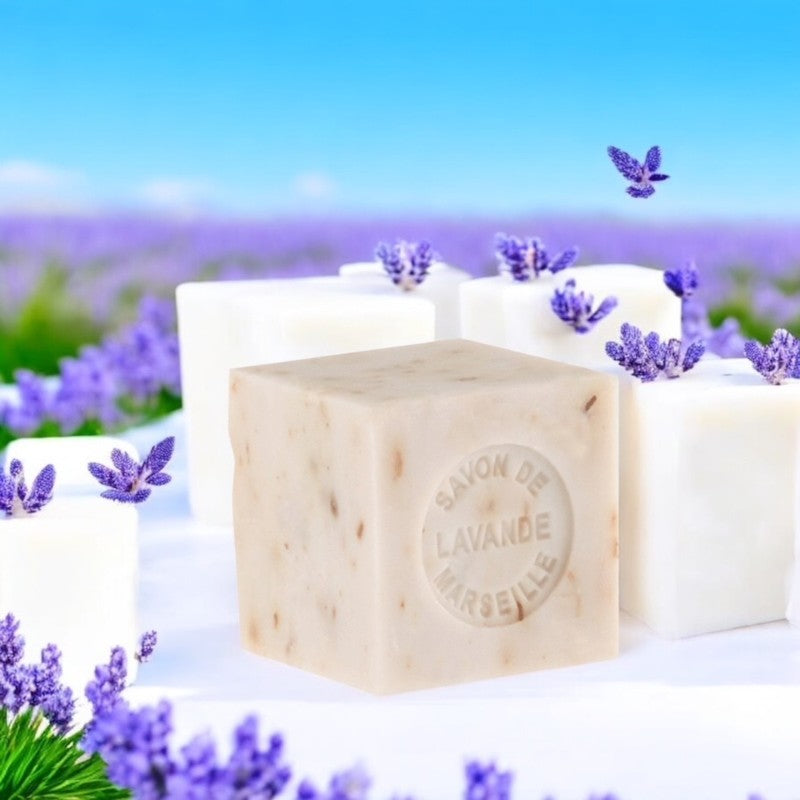 Mini Marseille soap with lavender flowers for natural exfoliation, crafted in France using traditional craftsmanship, 3.5 oz natural and biodegradable soap bar for sensitive skin.