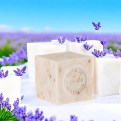 Mini Marseille soap with lavender flowers for natural exfoliation, crafted in France using traditional craftsmanship, 3.5 oz natural and biodegradable soap bar for sensitive skin.