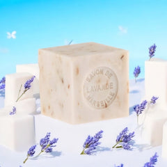 Mini Marseille soap with lavender flowers for natural exfoliation, crafted in France using traditional craftsmanship, 3.5 oz natural and biodegradable soap bar for sensitive skin.