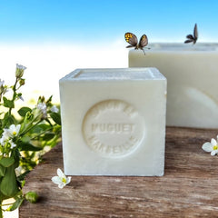 Mini Marseille soap with Lily of the Valley scent, crafted in France using traditional craftsmanship, 3.5 oz natural and biodegradable soap bar for sensitive skin.
