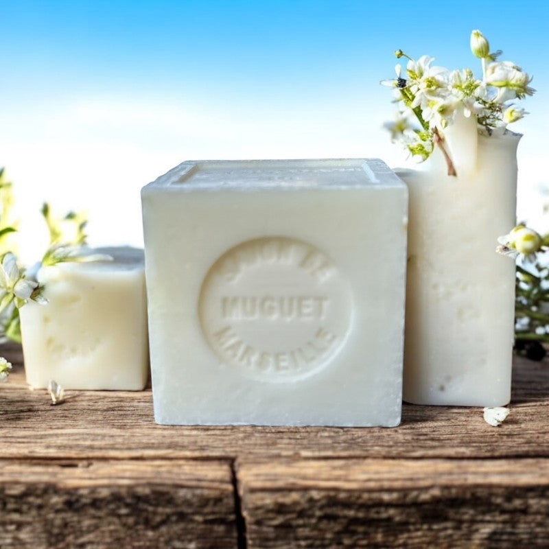 Mini Marseille soap with Lily of the Valley scent, crafted in France using traditional craftsmanship, 3.5 oz natural and biodegradable soap bar for sensitive skin.