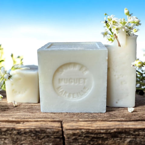 Mini Marseille soap with Lily of the Valley scent, crafted in France using traditional craftsmanship, 3.5 oz natural and biodegradable soap bar for sensitive skin.