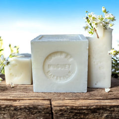 Mini Marseille soap with Lily of the Valley scent, crafted in France using traditional craftsmanship, 3.5 oz natural and biodegradable soap bar for sensitive skin.