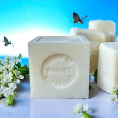 Mini Marseille soap with Lily of the Valley scent, crafted in France using traditional craftsmanship, 3.5 oz natural and biodegradable soap bar for sensitive skin.