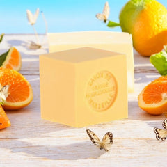 Mini Marseille soap with orange and grapefruit scent, crafted in France using traditional craftsmanship, 3.5 oz natural and biodegradable soap bar for sensitive skin.