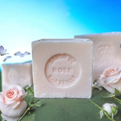 Mini Marseille soap with rose scent, crafted in France using natural olive oil and traditional craftsmanship, 3.5 oz biodegradable and hypoallergenic soap bar for sensitive skin